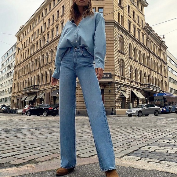 Denim Forum Denim - Denim Forum The Coco High Rise Wide Leg Jeans size 26 33 Long Light Medium Wash